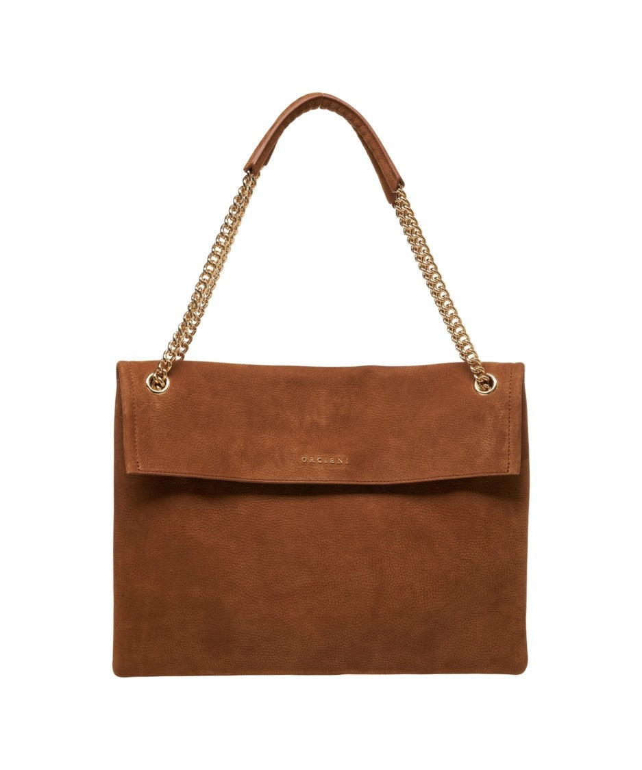 Orciani Suede Shoulder Bag With Gold-Tone Chain Strap And Logo Flap