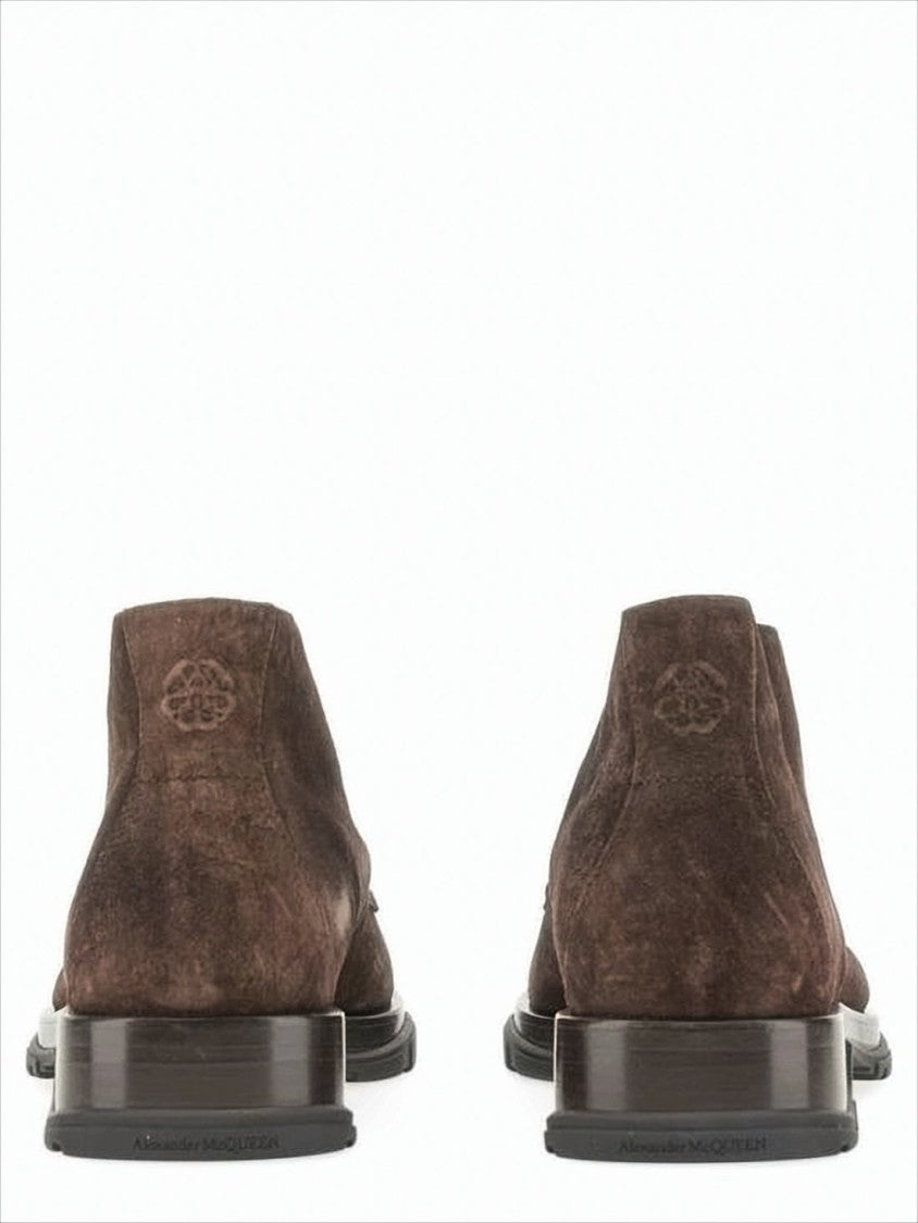 Alexander Mcqueen Minimalist Lace-Up Brown Suede Boots With Rubber Sole