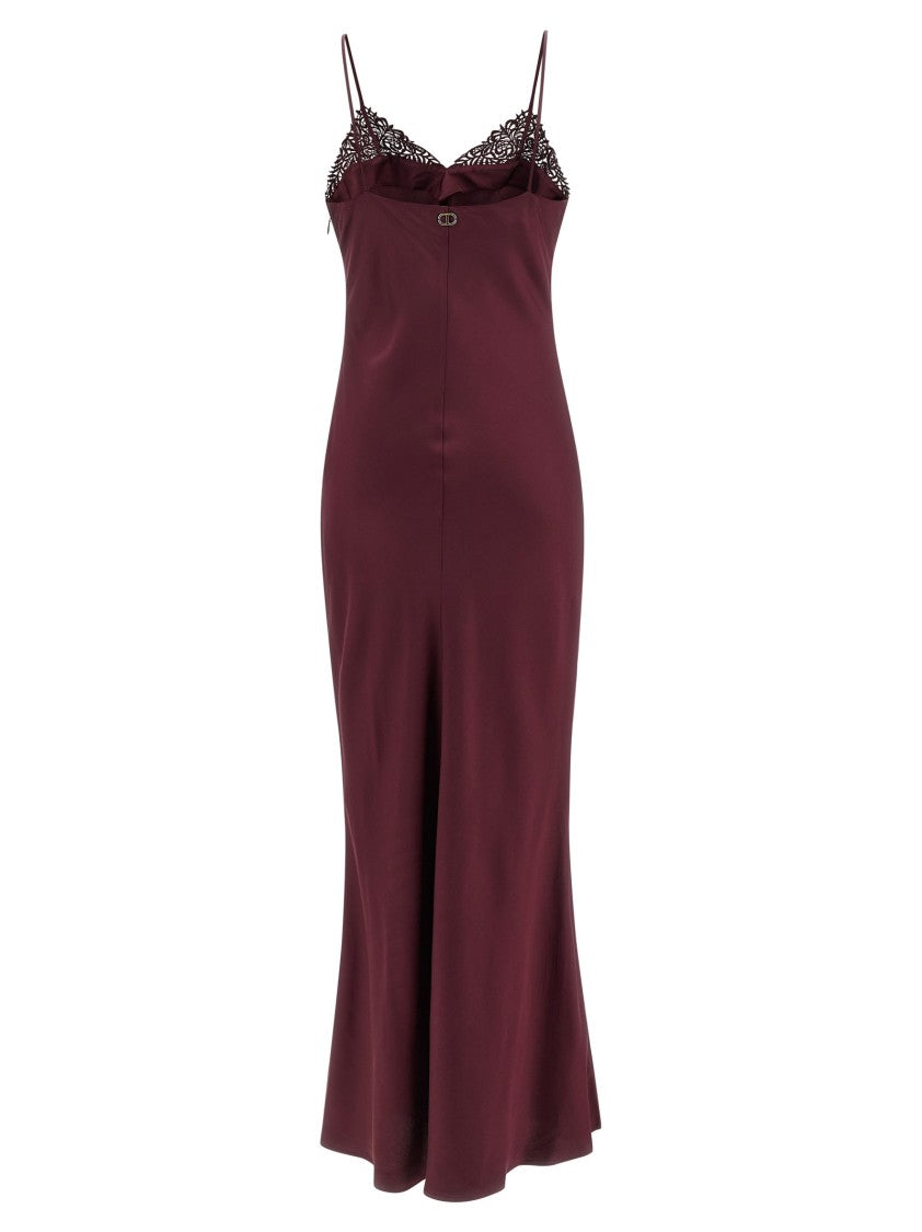 Twin-Set Satin Slip Dress With Lace Neckline