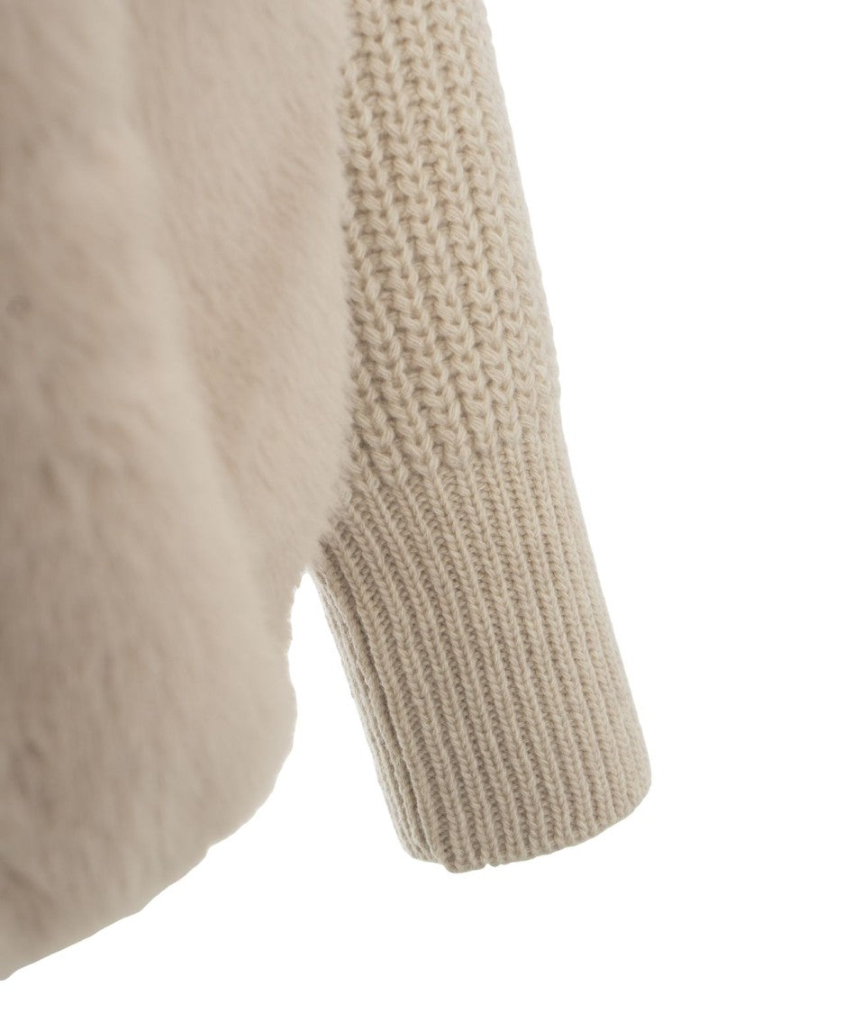 Herno Faux Fur Jacket With Ribbed Knit Sleeves And High Collar