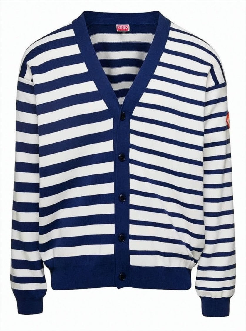 Kenzo Striped Knit Cardigan With V-Neckline And Bold Patches