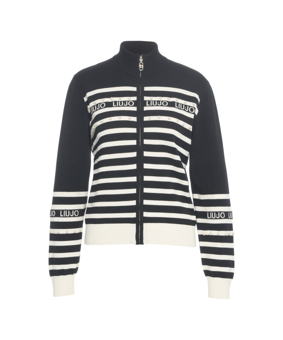 Liu Jo Striped Cardigan With Rhinestone Applique