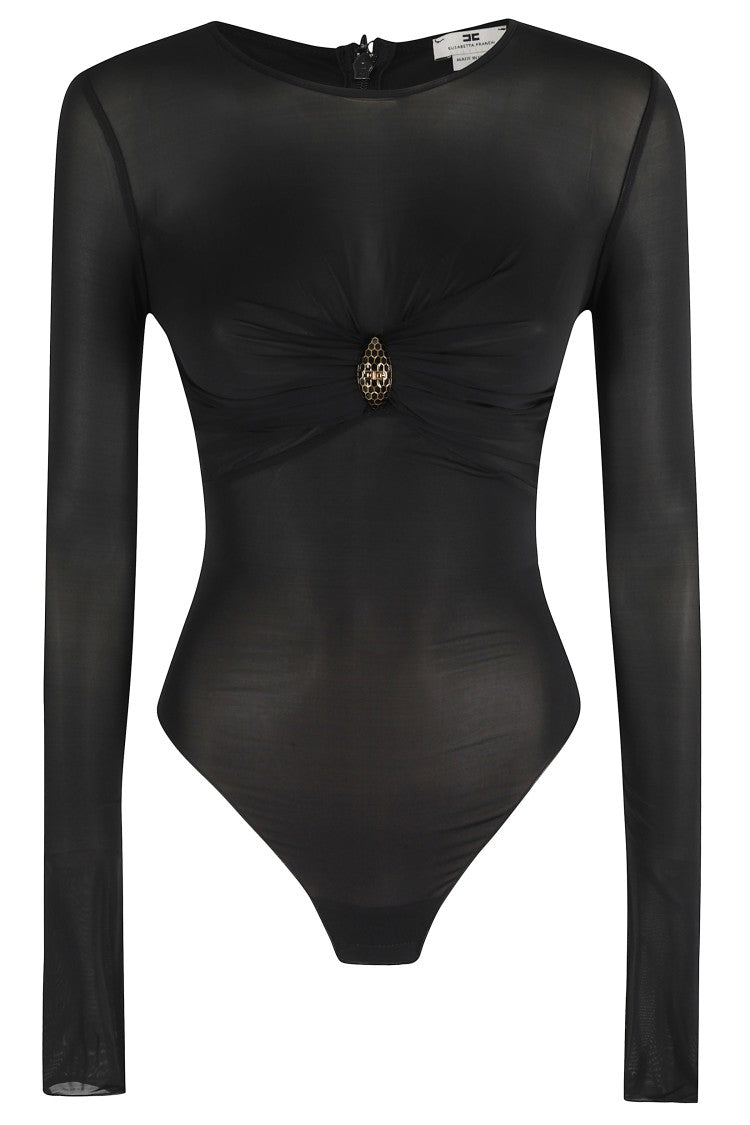 Elisabetta Franchi Sheer Black Bodysuit With Jewel Detail