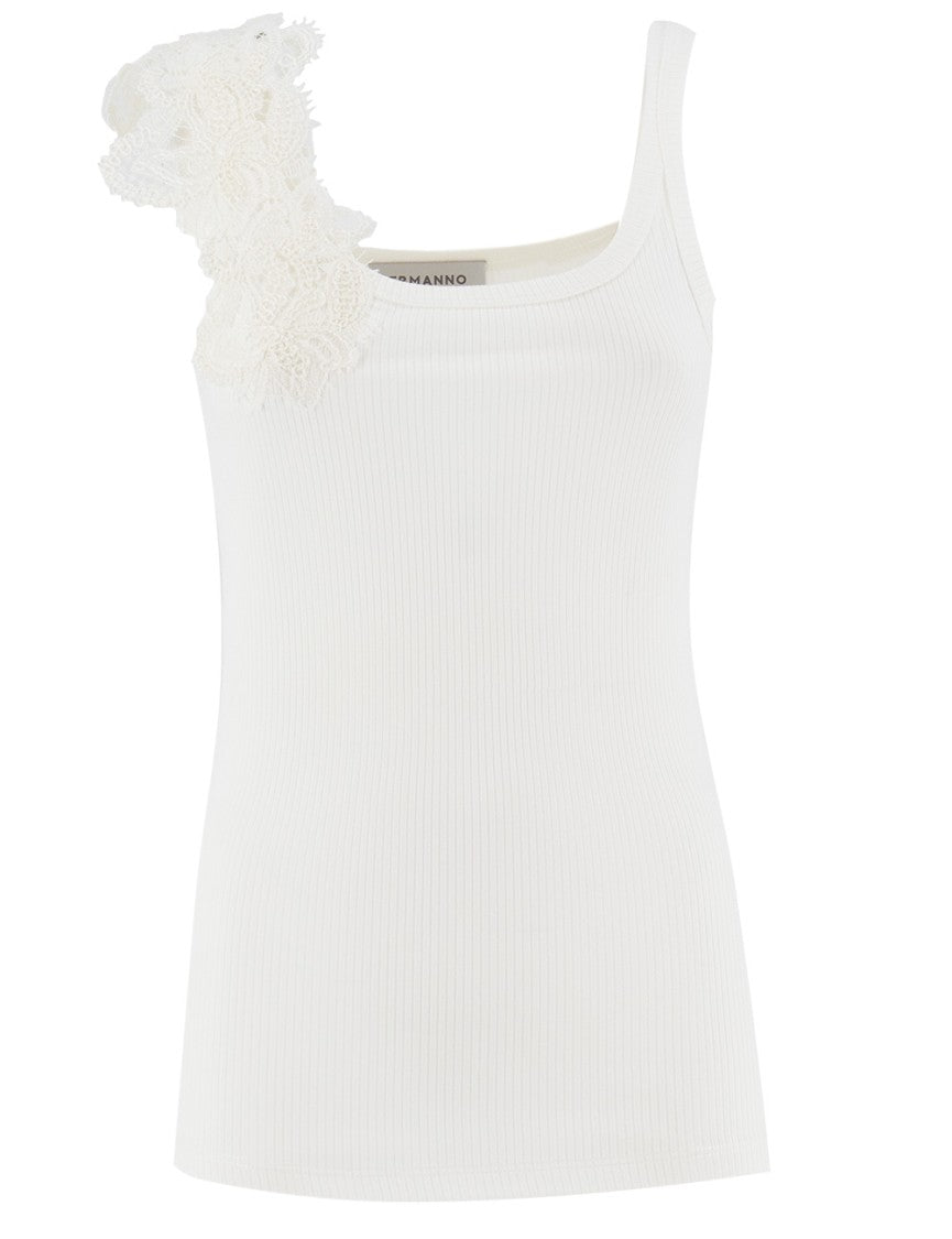 Ermanno Firenze White Top With Floral Lace Appliqué