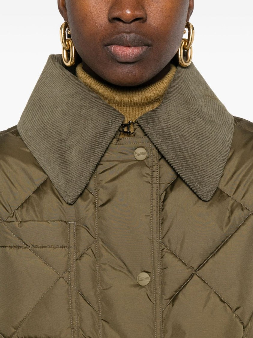 Herno Green Quilted Jacket With Corduroy Collar