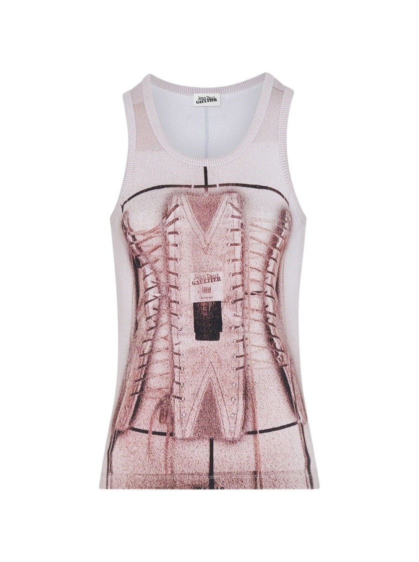 Jean Paul Gaultier Cotton Ribbed Corset Trompe-L’Œil Tank Top Dusty Pink