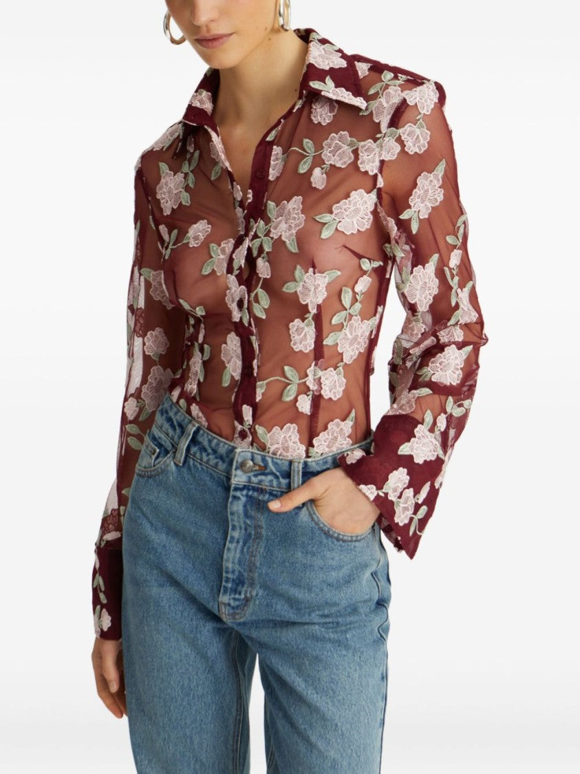 Rotate Sheer Floral Embroidery Shirt With Classic Collar
