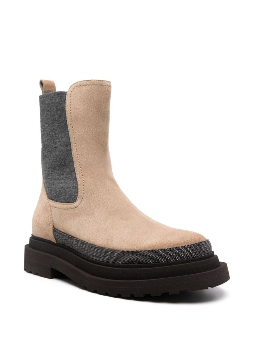 Brunello Cucinelli Brown Suede Ankle Boots With Textured Panels And Chunky Sole