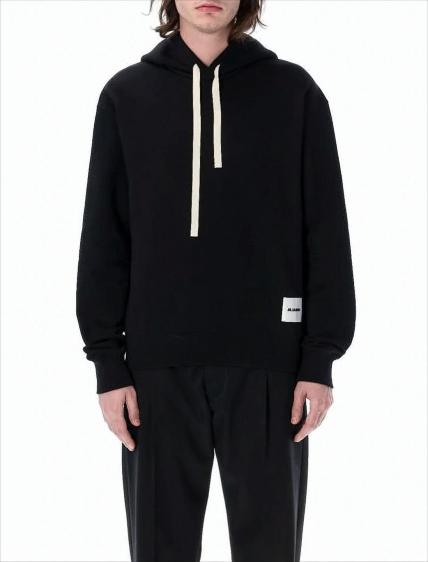 Jil Sander Minimalist Black Hoodie With Off-White Drawstrings