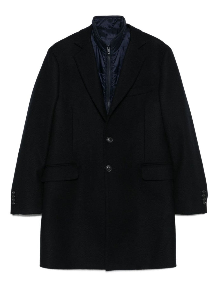 Fay Layered Navy Blue Coat With Button Fastening And Flap Pockets
