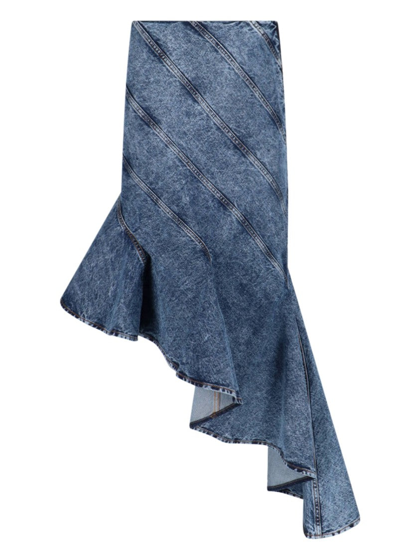Alaïa Spiral Design Denim Midi Skirt With Hem