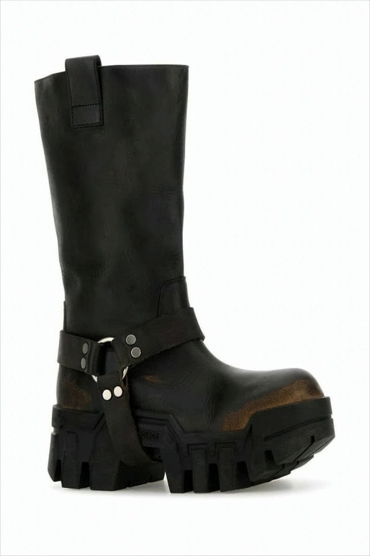 Balenciaga Mid-Calf Black Calf Leather Boots With Harness Strap And Chunky Sole