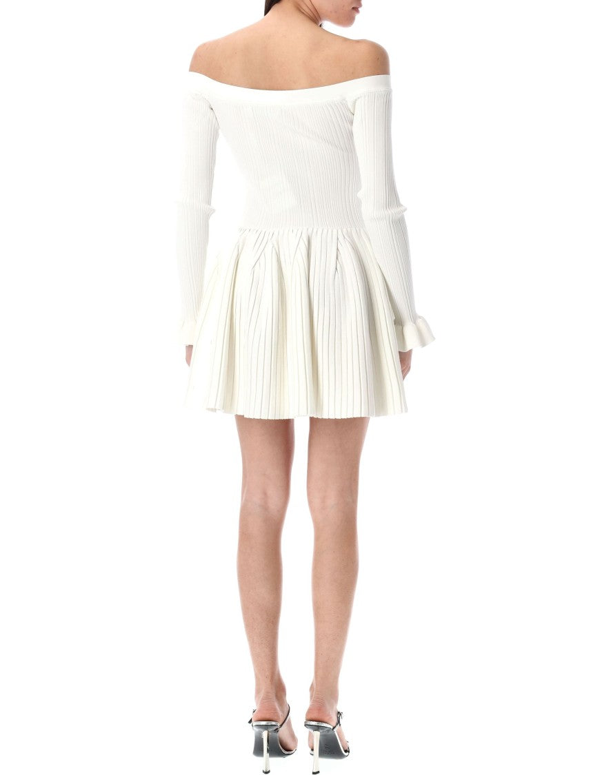 Self-Portrait White Ribbed Knit Off Shoulder Mini Dres