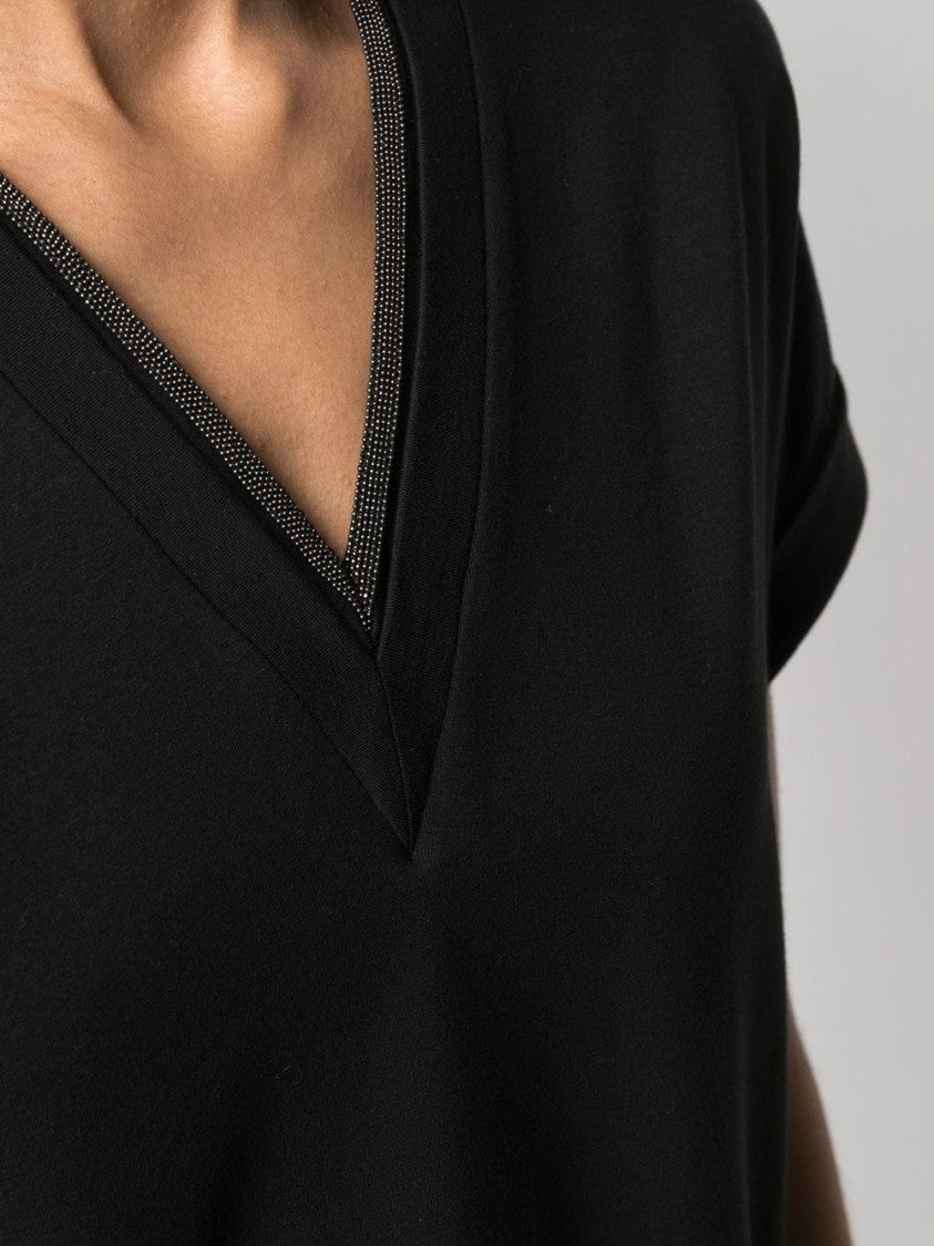 Brunello Cucinelli Black Cotton-Blend V-Neck Top