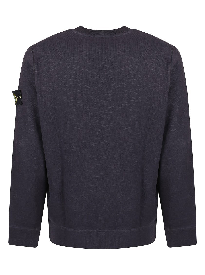 Stone Island Crew Neck Blue Sweater With Textured Fabric And Logo Patch