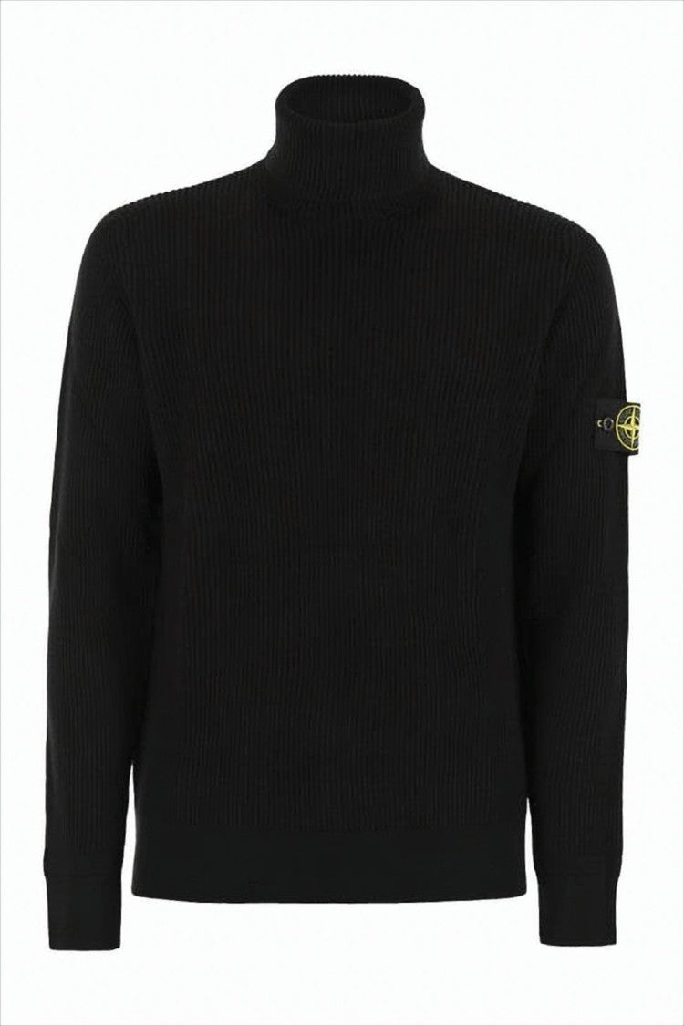 Stone Island Ribbed Black Wool Turtleneck Sweater