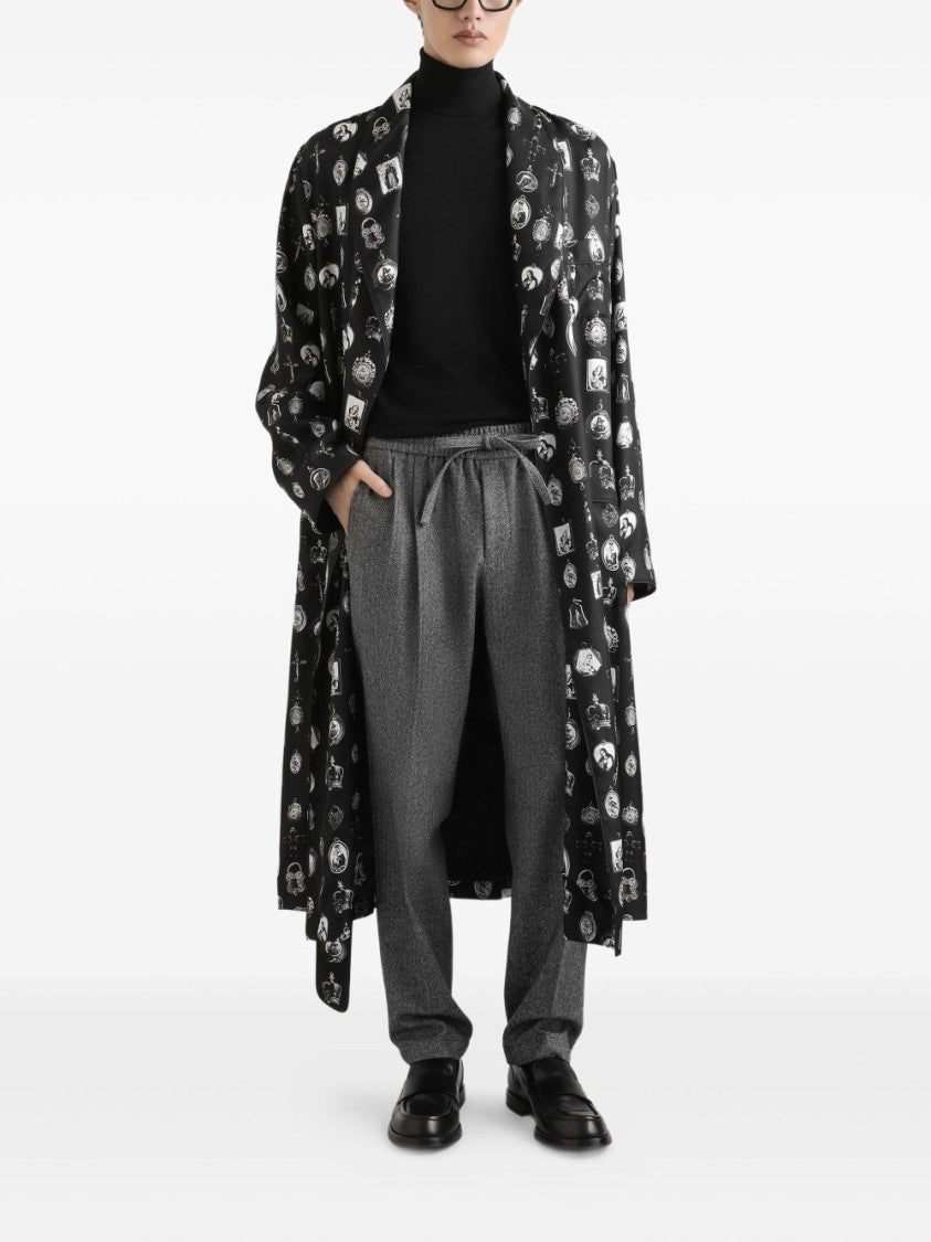 Dolce & Gabbana Houndstooth Patterned Grey Trousers With Drawstring Waist