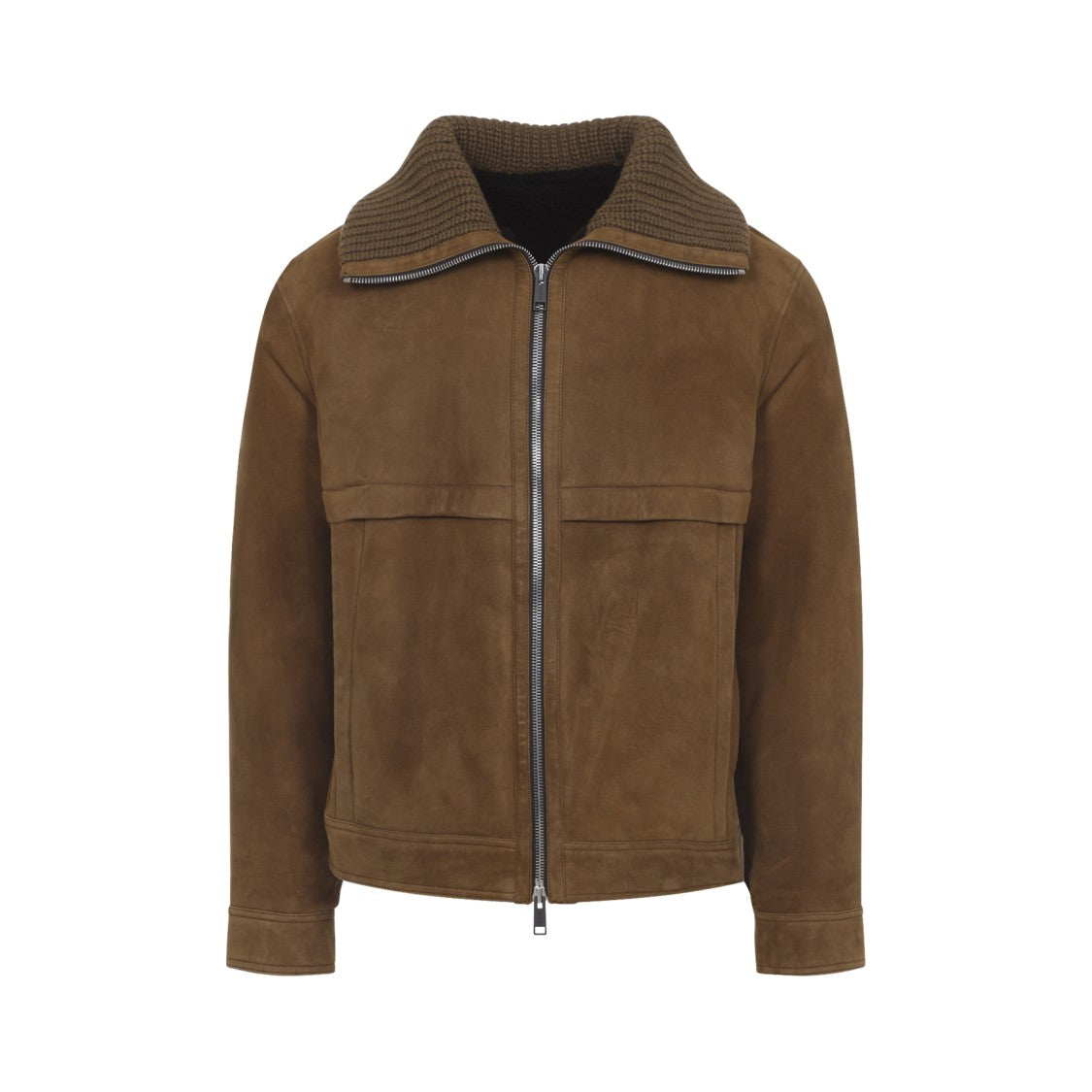 Yves Salomon Rich Brown Lamb Leather Casual Jacket With Ribbed Knit Collar