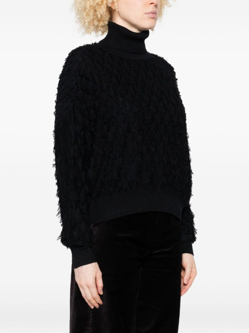 Twin-Set Textured Black Turtleneck Sweater With Ballooned Sleeves