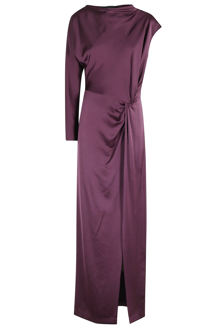 Federica Tosi Aubergine Satin Long Dress With One-Shoulder Design