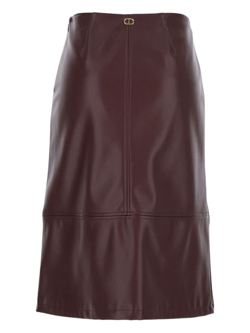 Twin-Set Knee-Length Bordeaux Skirt With Decorative Gold Buttons