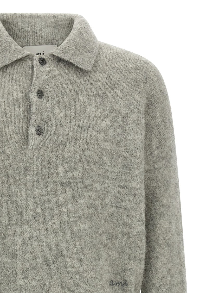 Ami Heathered Knit Polo Shirt With Embroidered Logo