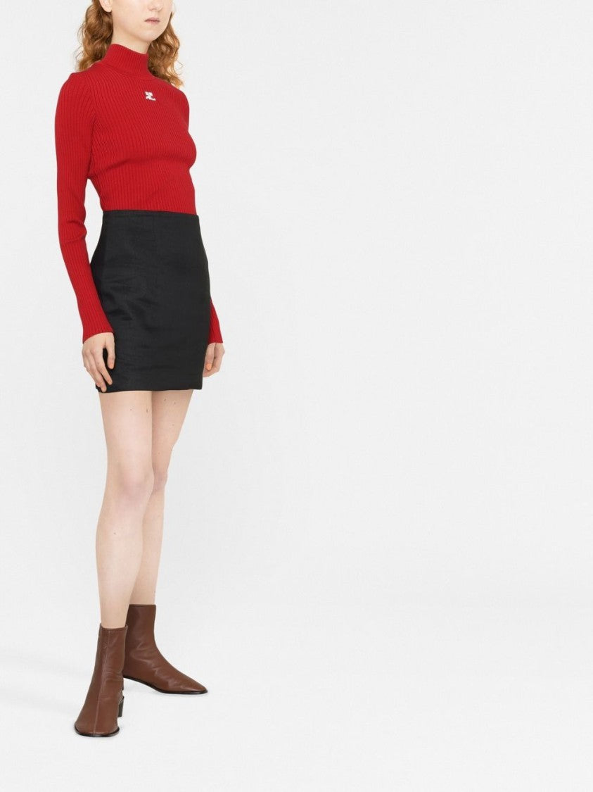 Courrèges Fitted Red Ribbed Knit Sweater With Embroidered Logo