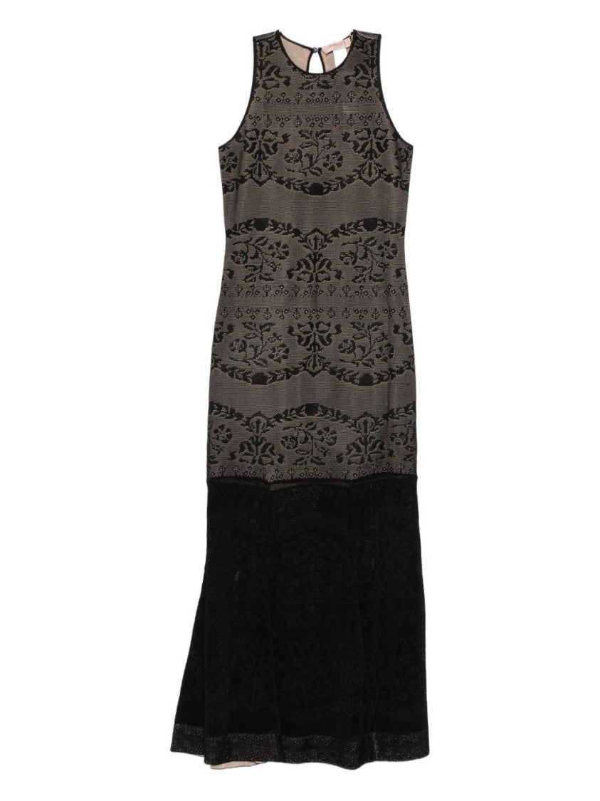 Twin-Set Fitted Bodice Maxi Dress With Floral Lace Overlay