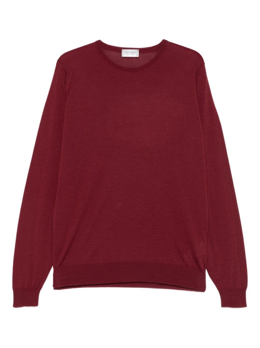 John Smedley Burgundy Merino Wool Crewneck Jumper With Ribbed Detailing