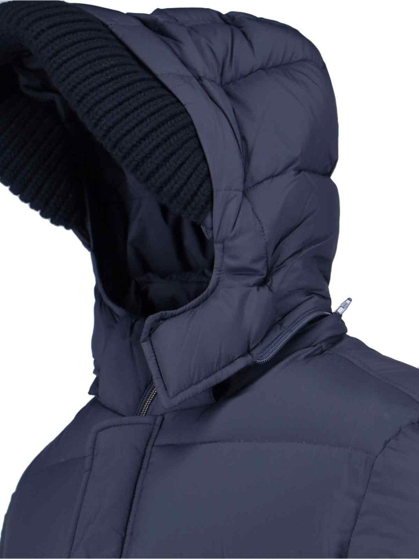 Herno Long Navy Padded Quilted Jacket With Detachable Hood