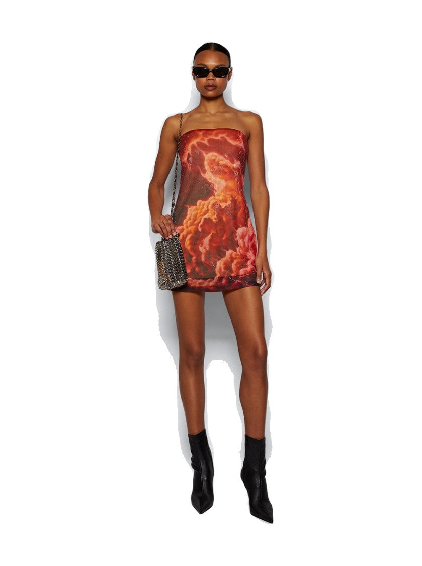 Alexander Wang Crystal Hotfix Organza Jersey Mini Dress Orange Cloud Print