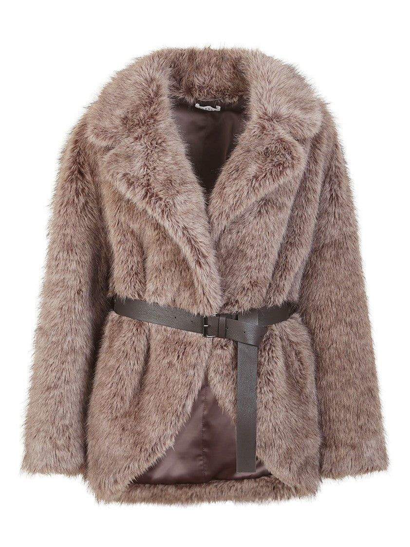 P.A.R.O.S.H. Double-Breasted Faux Fur Jacket With Belted Waist And Welt Pockets