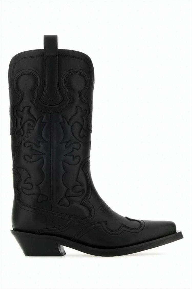 Ganni Mid-Calf Leather Boots With Tonal Embroidery And Angled Heel