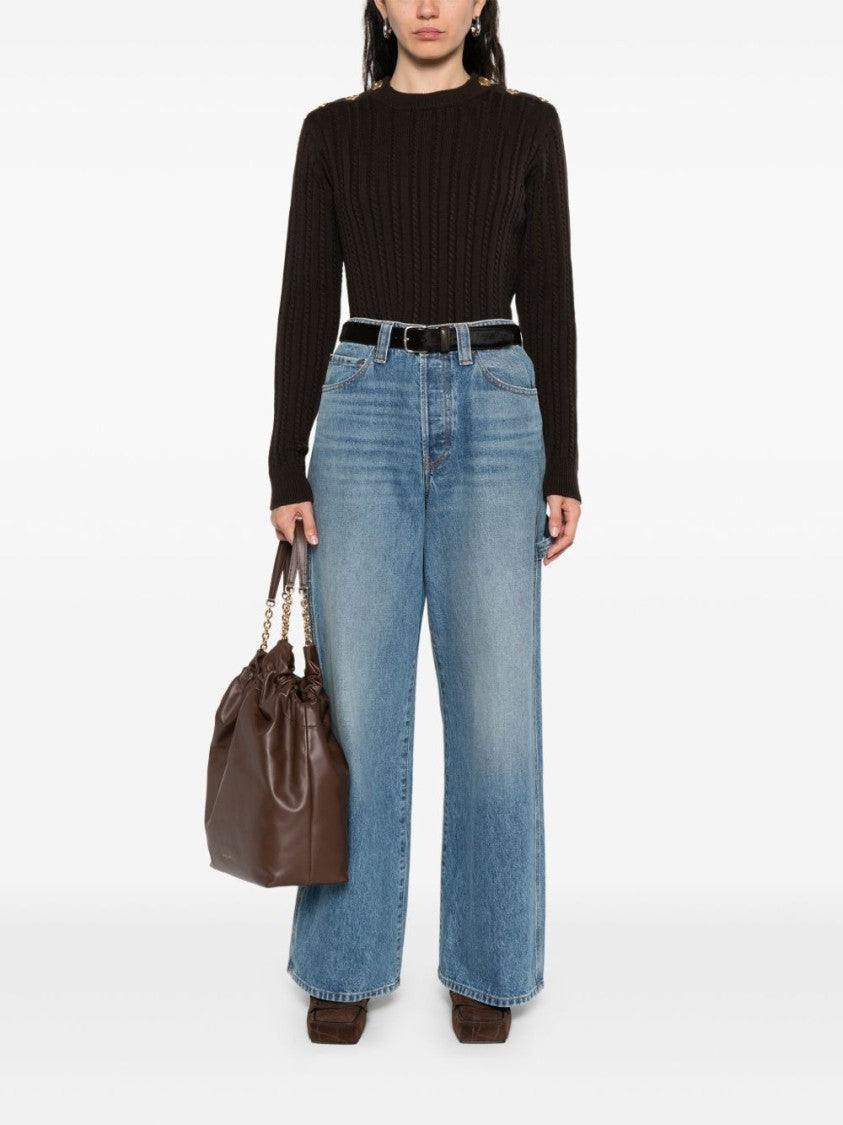 Golden Goose Cable-Knit Brown Sweater With Gold-Tone Button Detail
