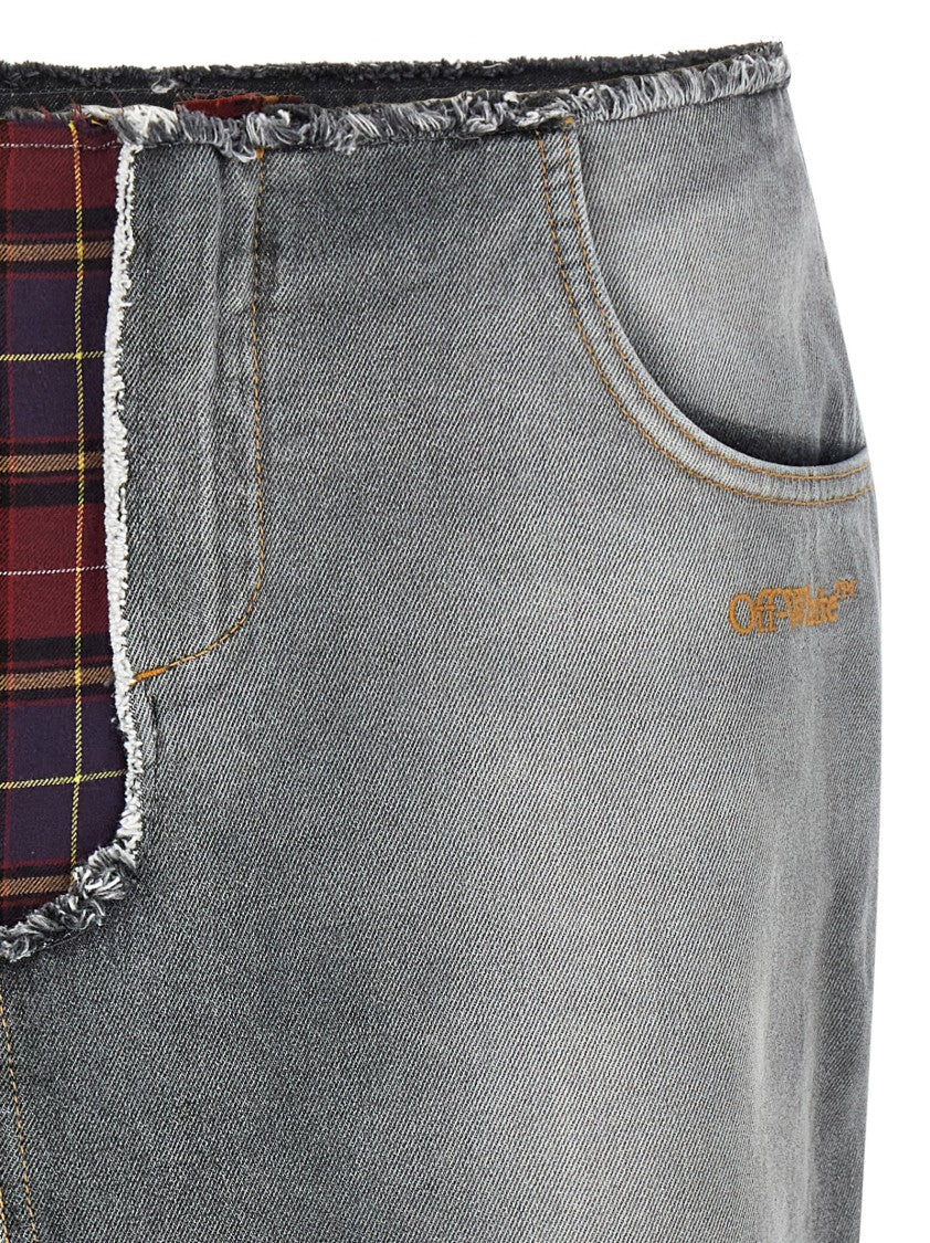 Off-White Patchwork Midi Skirt With Stonewashed Cotton Front