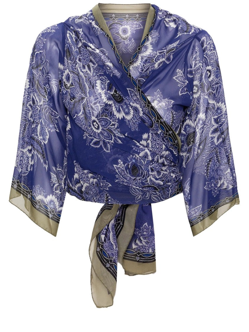 Etro Floral Silk Wrap Cardigan With Cropped Sleeves