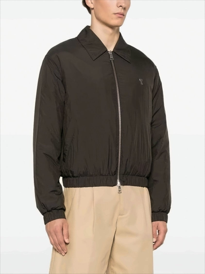 Ami Cropped Black Bomber Jacket With Classic Collar And Logo Detail
