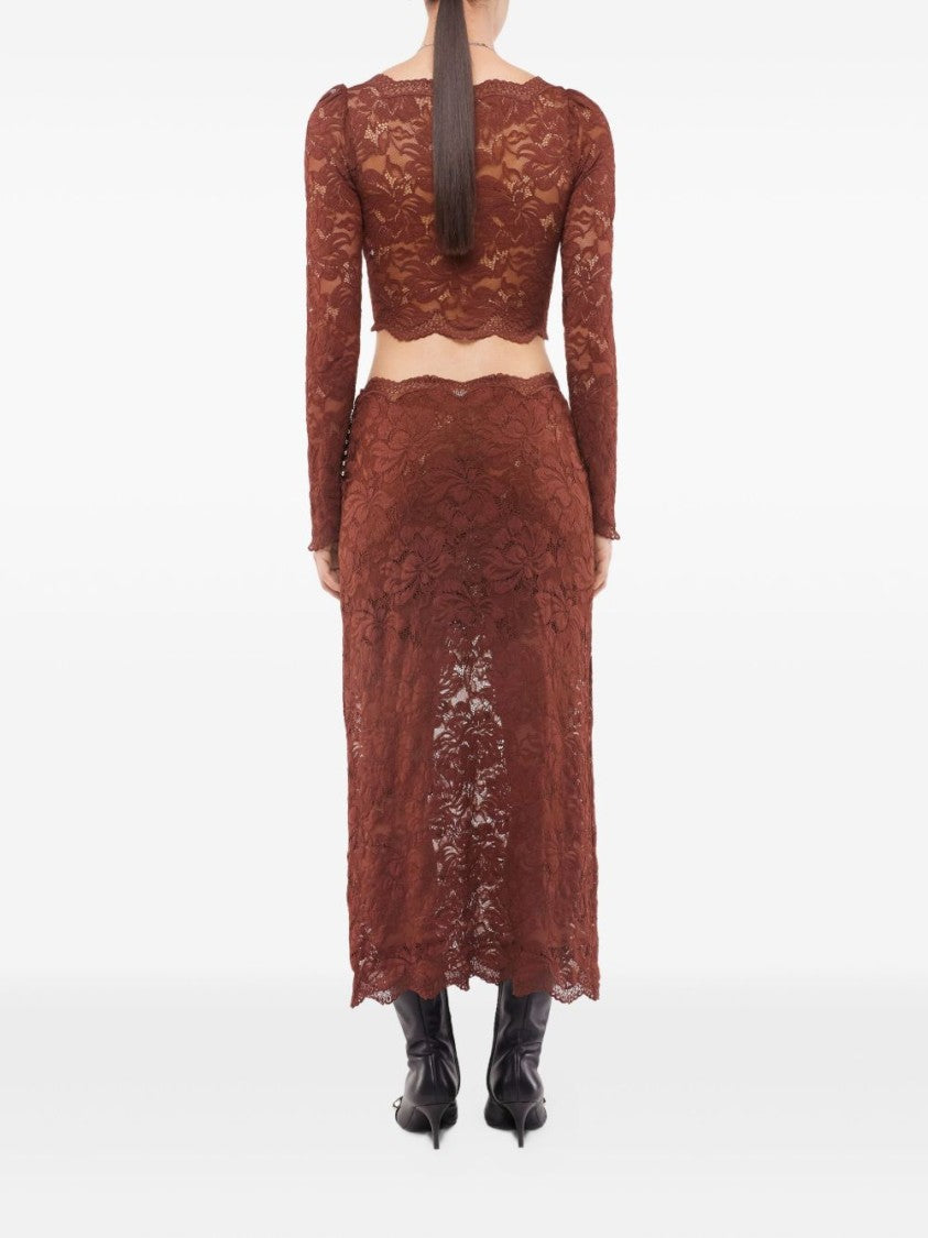 Rabanne Floral Lace Brown Midi Skirt With Scalloped Hem