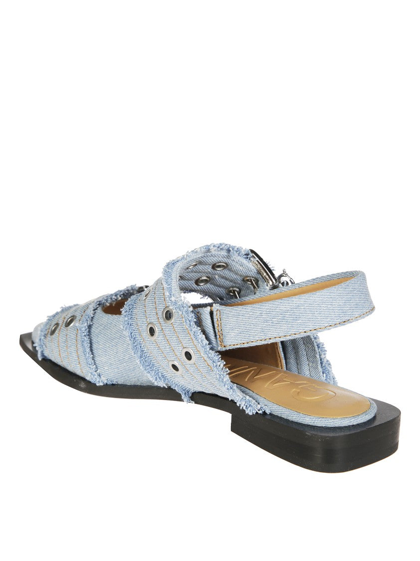 Ganni Pointed Toe Denim Sandals With Frayed Straps