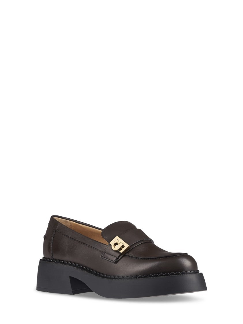 Ferragamo Rounded Toe Flat Shoes With Decorative Buckle And Block Heel