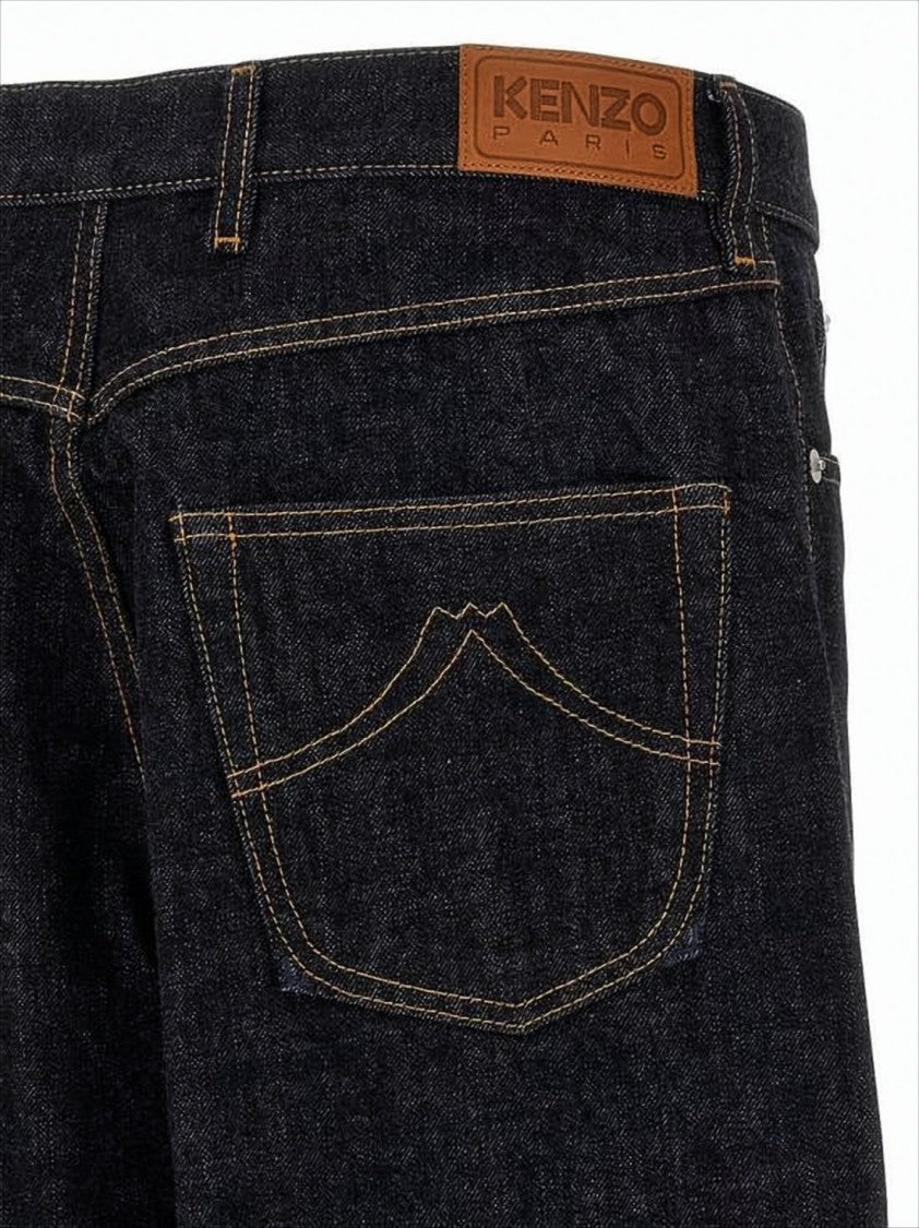 Kenzo Wide-Leg Denim Pants With Cuffed Hem And Back Leather Patch
