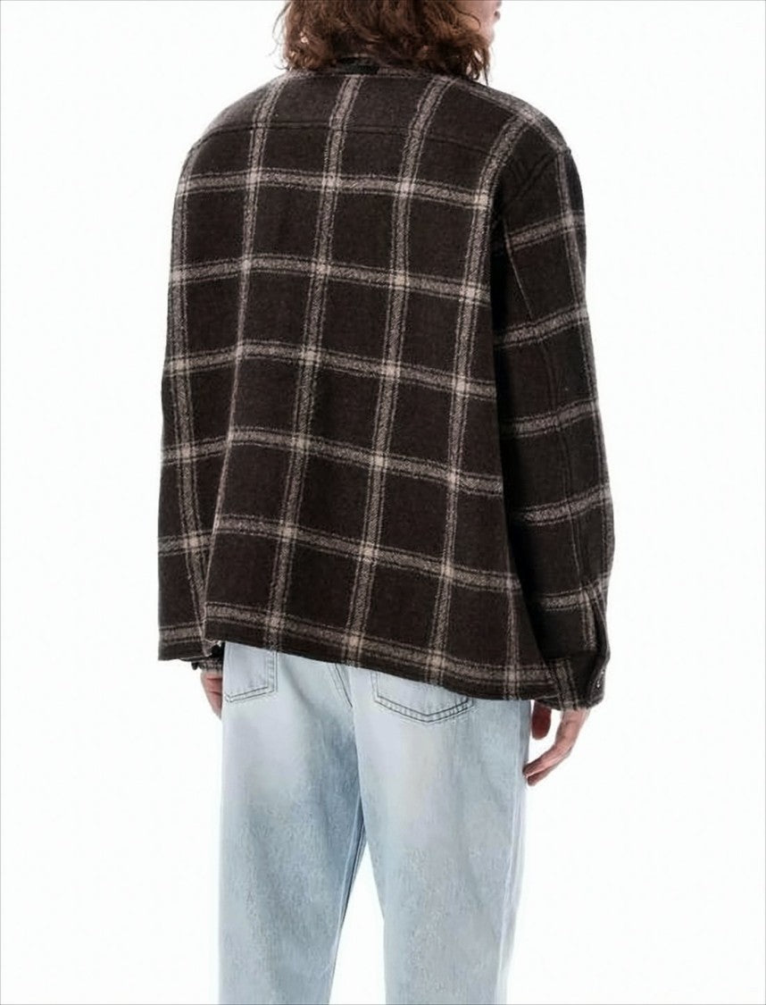 Ami Plaid Wool Blend Jacket With Structured Collar And Buttoned Front