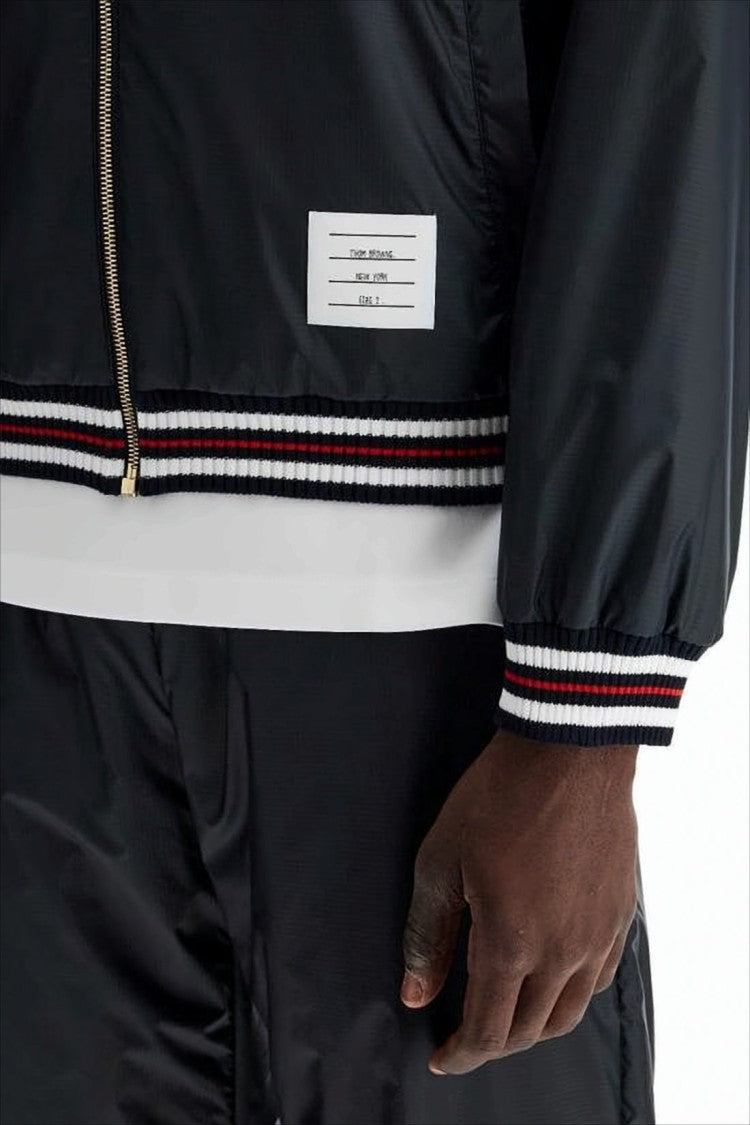 Thom Browne Lightweight Nylon Jacket With Hood And Striped Detailing