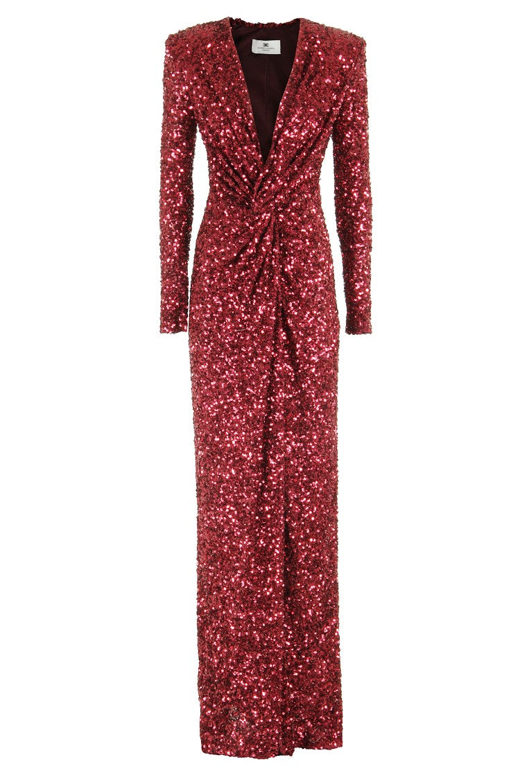Elisabetta Franchi Bordeaux Sequin Evening Dress With Padded Shoulders