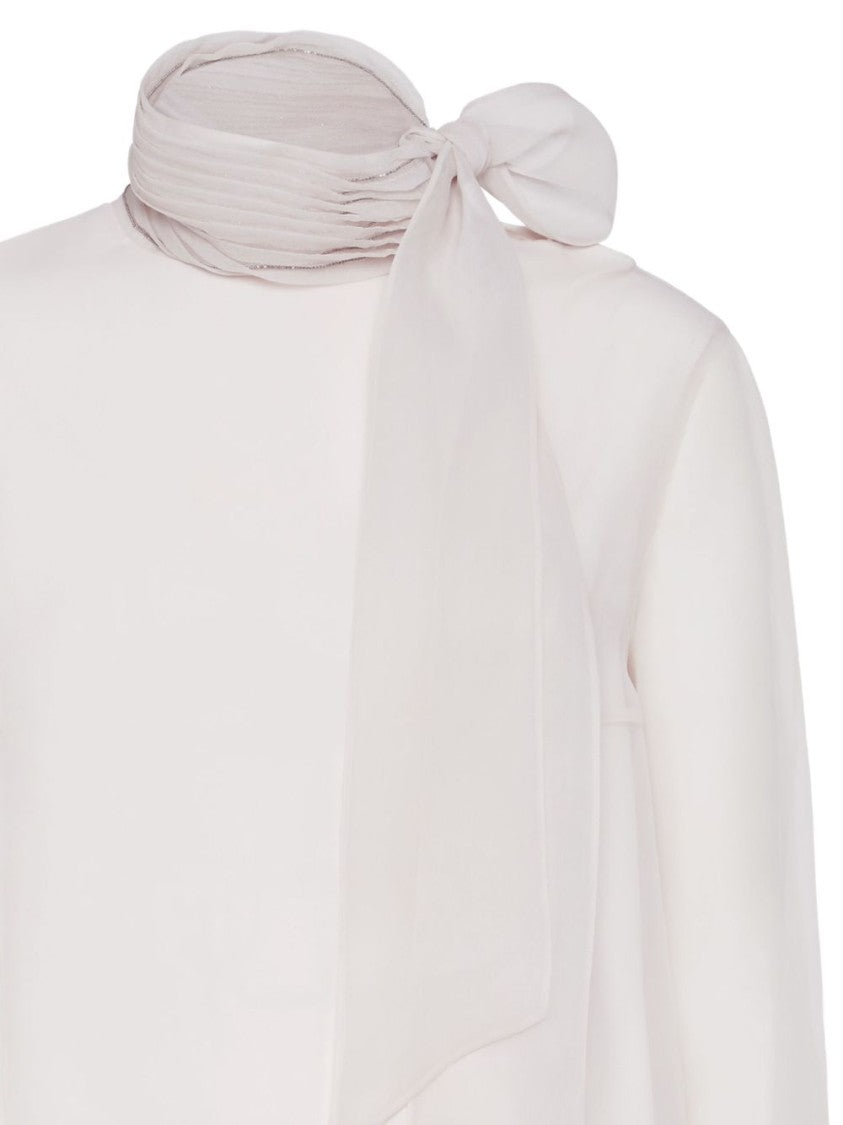 Brunello Cucinelli High Neck Beige Blouse With Pleated Detailing And Sheer Sleeves