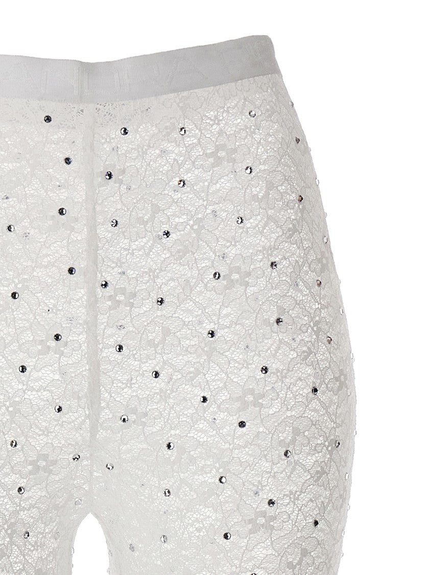 Alessandra Rich Rhinestone-Embellished Lace Leggings With Flared Silhouette