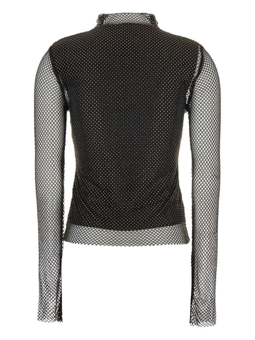 Sportmax Sheer Fishnet Long-Sleeve Fitted Top With High Neck