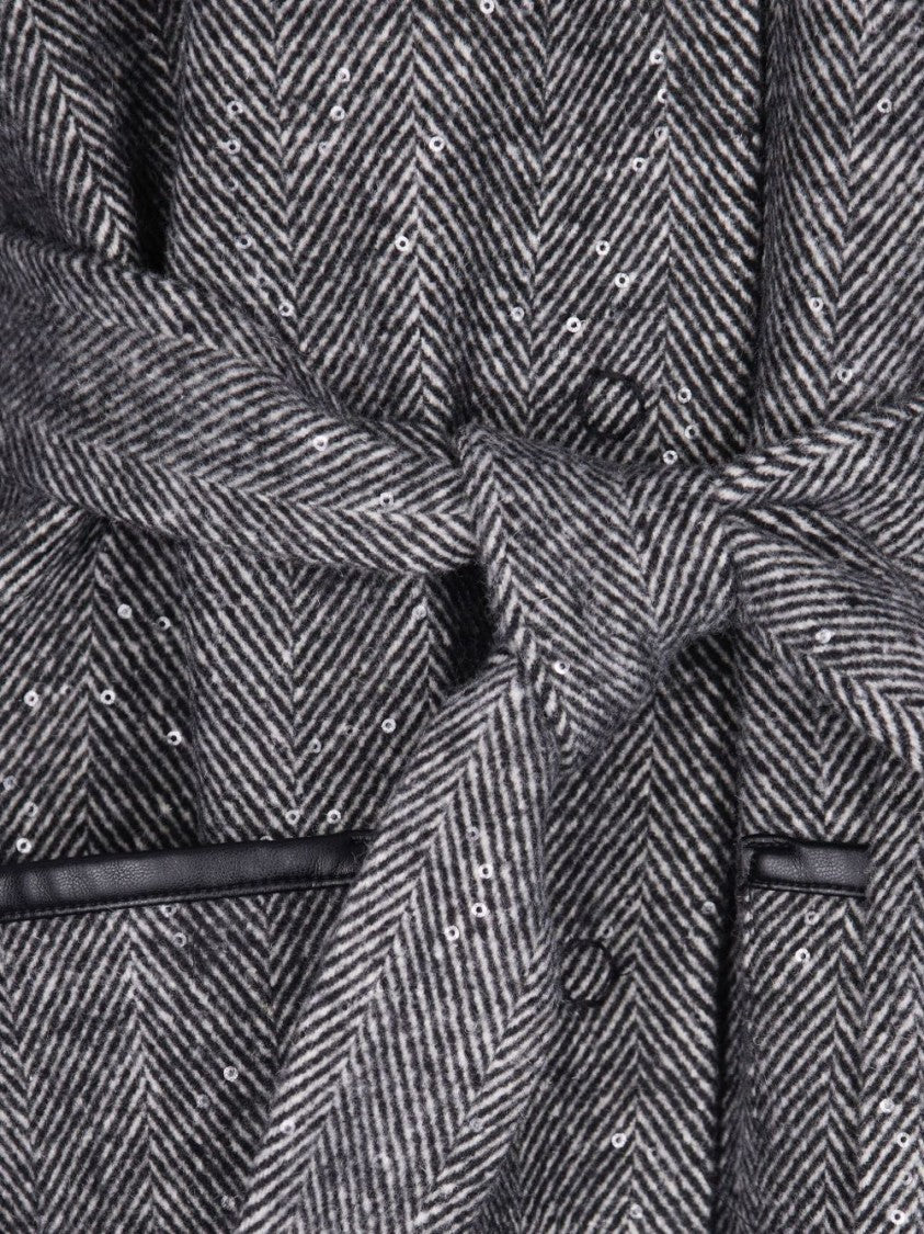 Liu Jo Mid-Length Textured Herringbone Coat With Belt
