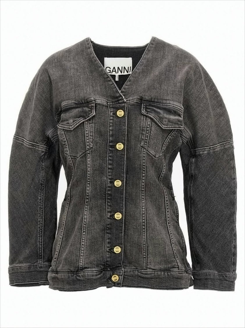 Ganni Structured V-Neck Denim Jacket With Gold-Tone Accents