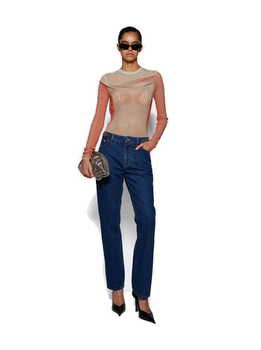 Jean Paul Gaultier Double Layer Pinstripe Body Morphing Bodysuit Mint And Coral